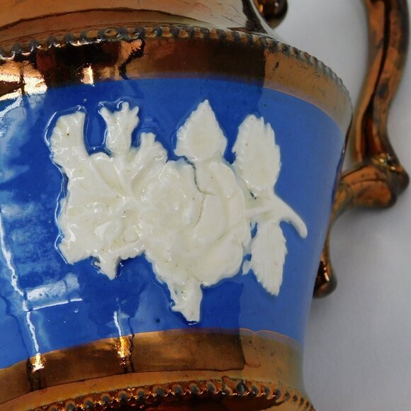 Antique Victorian Staffordshire Pottery Copper Lusterware Jug Embossed Rose FLAW - Picture 5 of 13